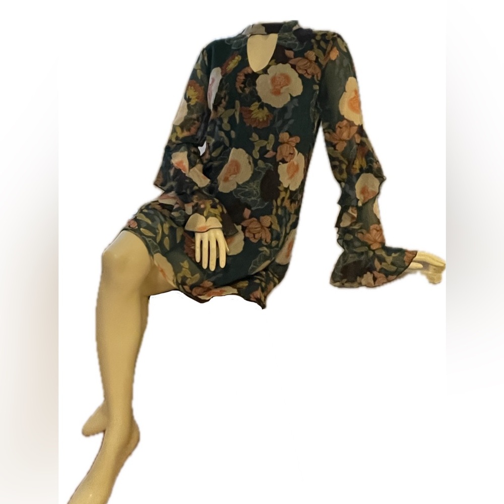 As U Wish Green and Pink Floral A-Line Dress with Ruffled Sleeves